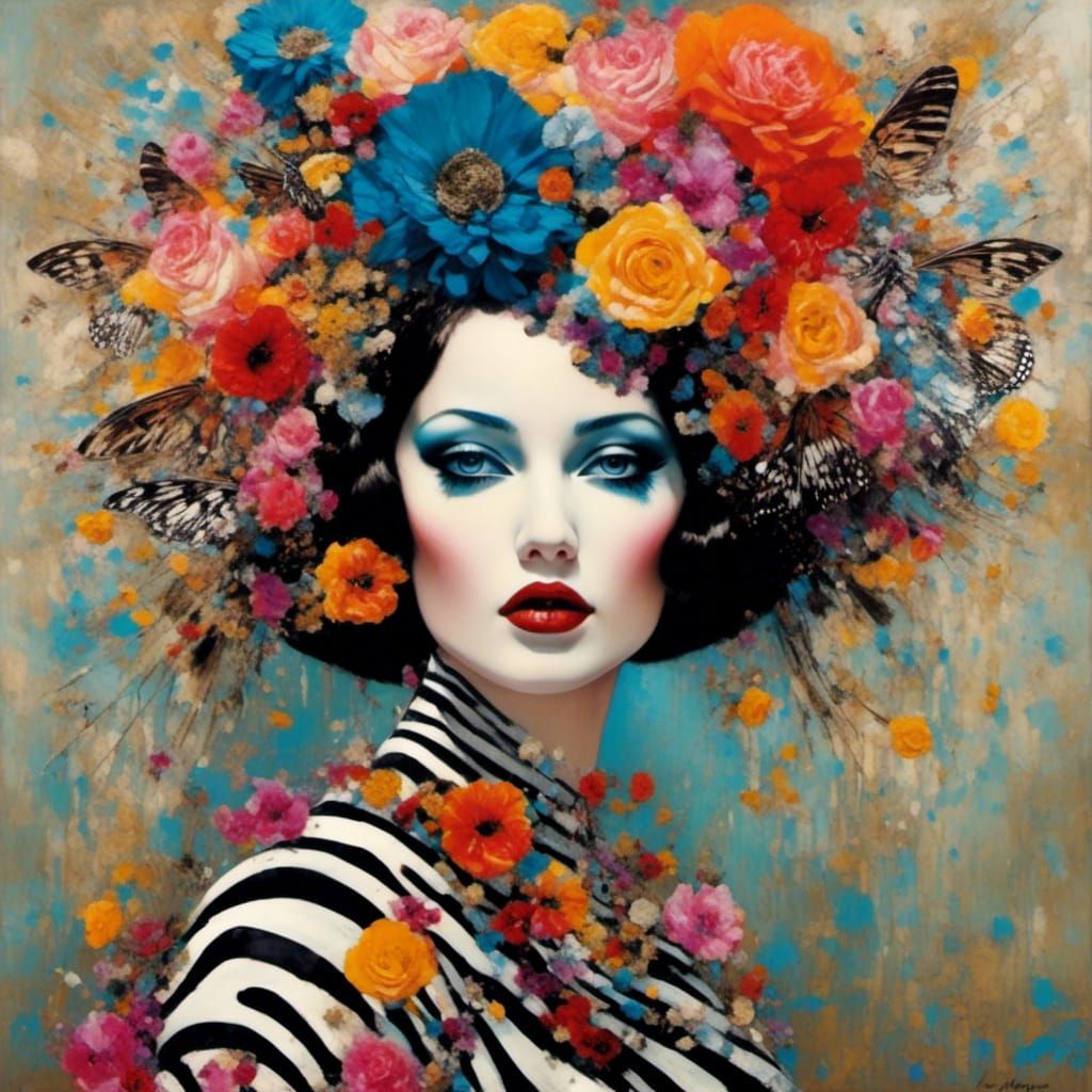Surreal Collage Portrait with Zebra Print Flowers