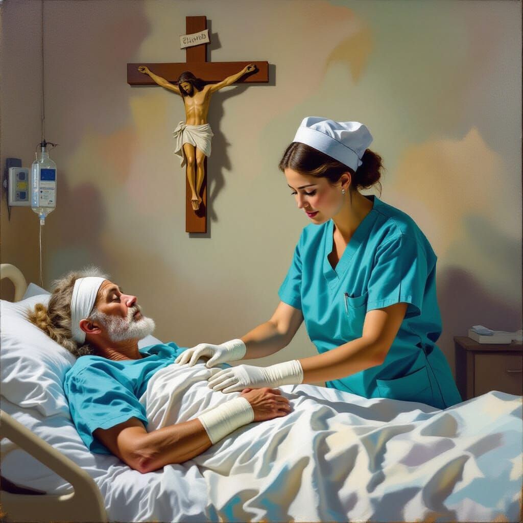 Nurse Tends to Injured Patient Under Christ's Cross