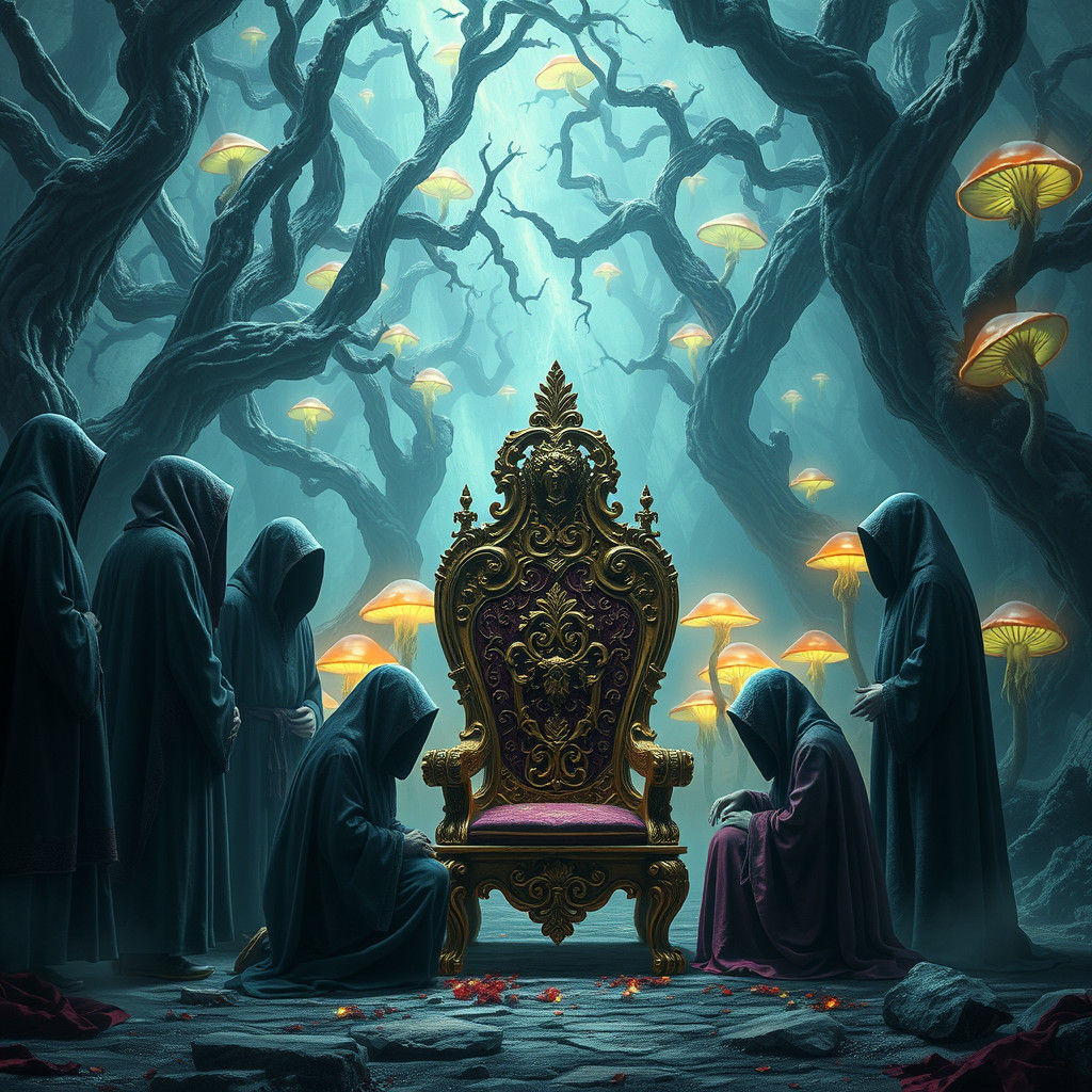 Mysterious Figures Gather in Dreamlike Fantasy Landscape