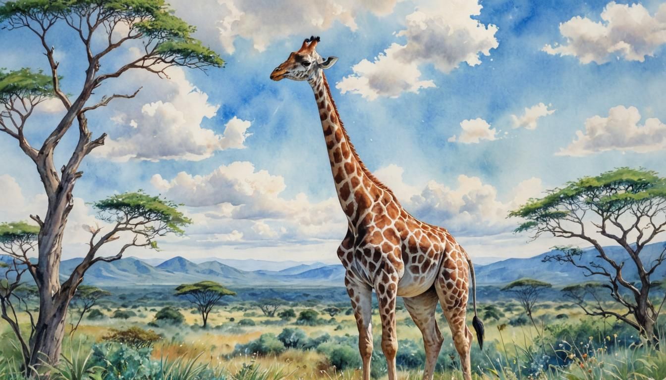 Ethereal Giraffe in Tanzanian Shrubland, Whimsical Watercolo...