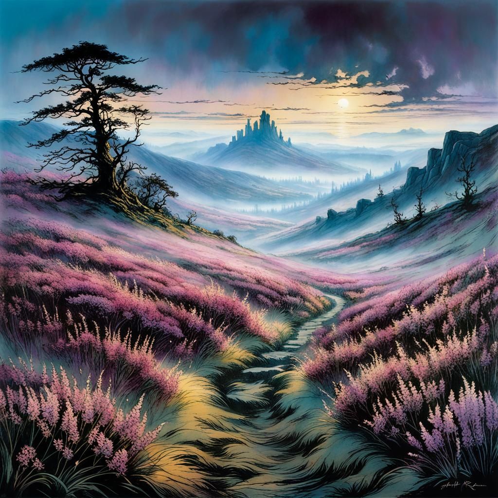 Mysterious Heather Field in Morning Mist