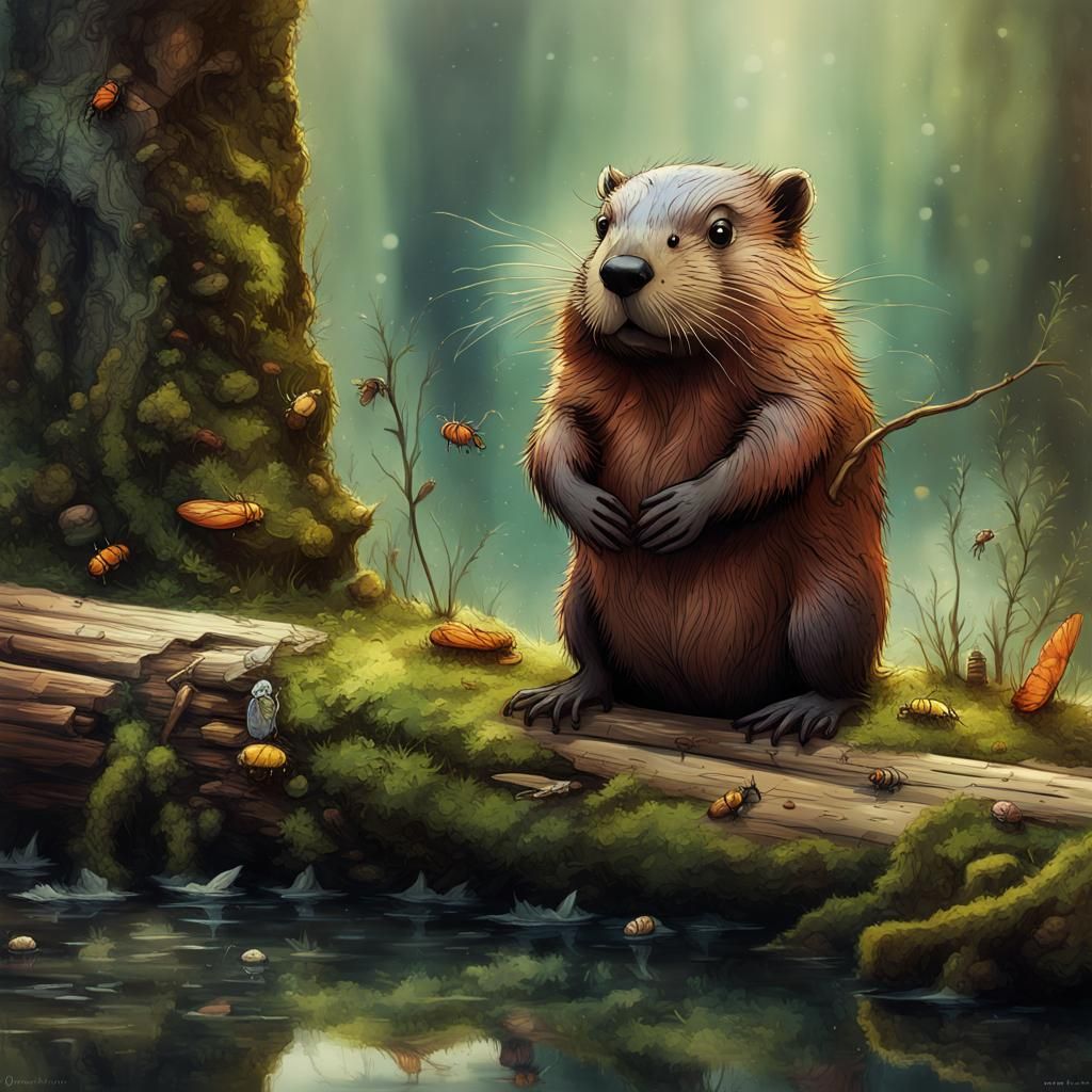 Watercolor Beaver Near Glass Waterfall with Mossy Log