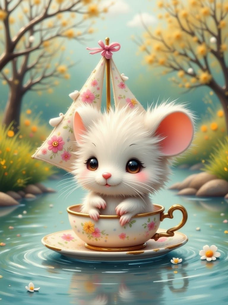 Mouse Sails in Teacup Boat, Storybook Illustration