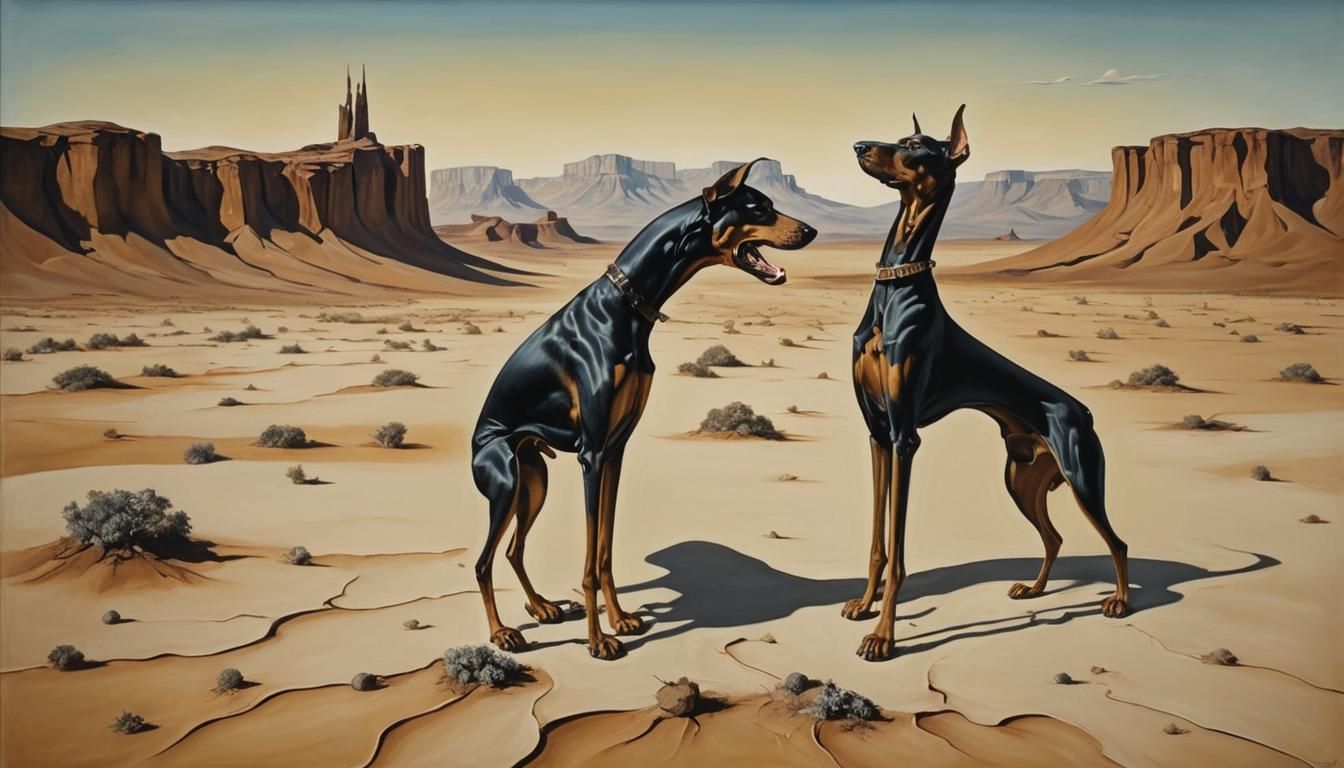 Surreal Desert Doberman Melts into the Canvas