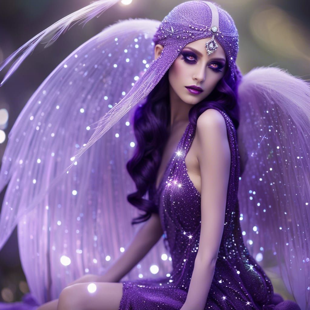 Ethereal fairy with shimmery glittered purple wings& dark pu...