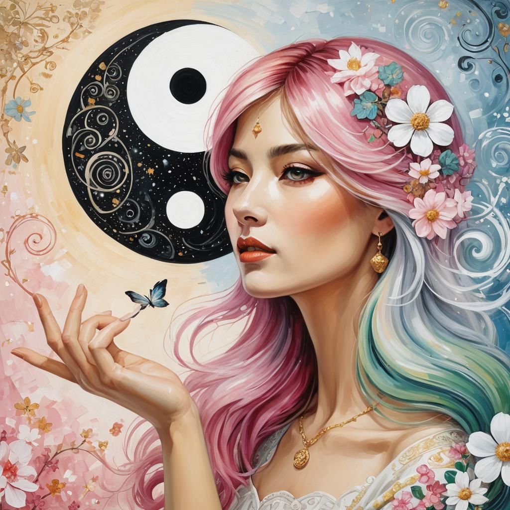 Vibrant Oil Painting of Elegant Yin Yang Goddess