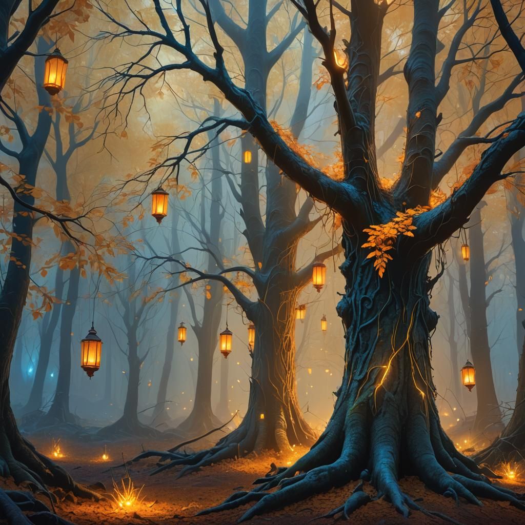 Mystical Forest with Glowing Embers in Fantasy Art