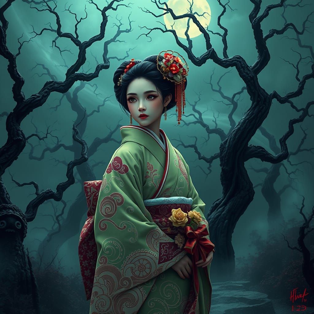 Maiko Geisha in Chartreuse Kimono: Digital Art