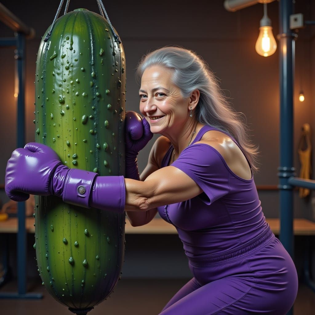 Elderly Woman in Purple Boxing Outfit Punches Pickle Bag