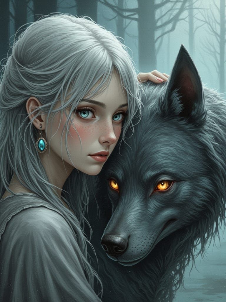 Ethereal Woman and Wolf Art in Amano & Yoshida Style