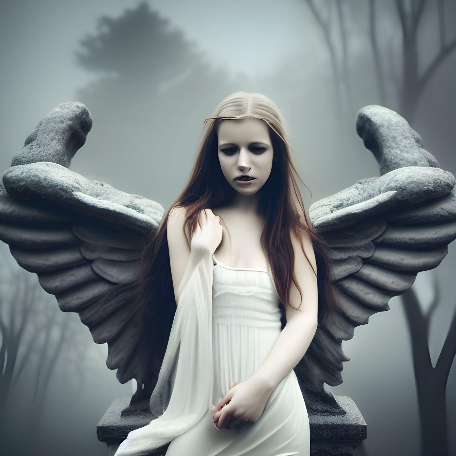 Ethereal Woman with Gargoyle in Romantic Horror Style