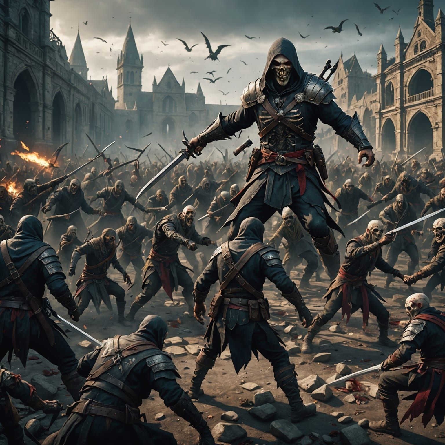 Assassin Battles Zombie Horde: Detailed Matte Painting