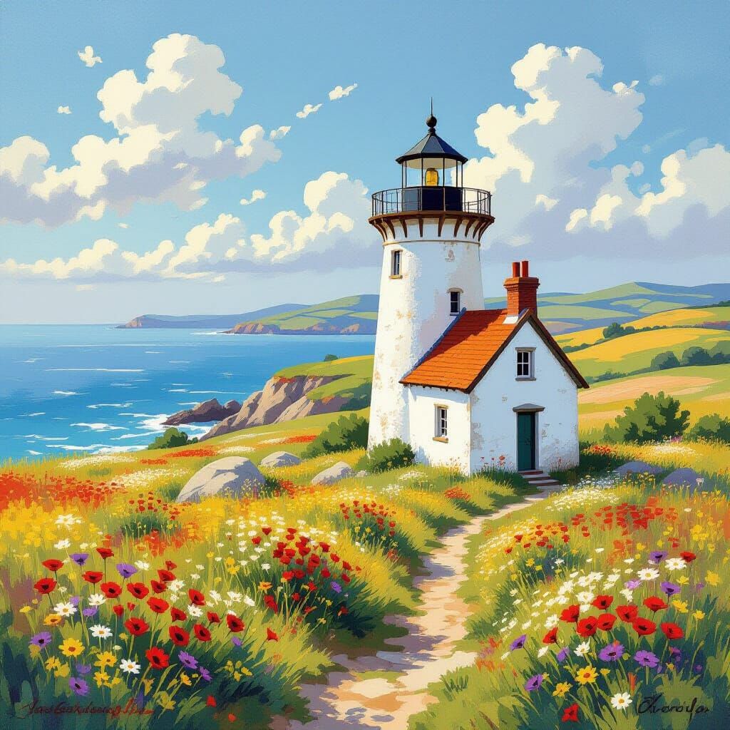 Idyllic Lighthouse Scene in Impressionistic Style