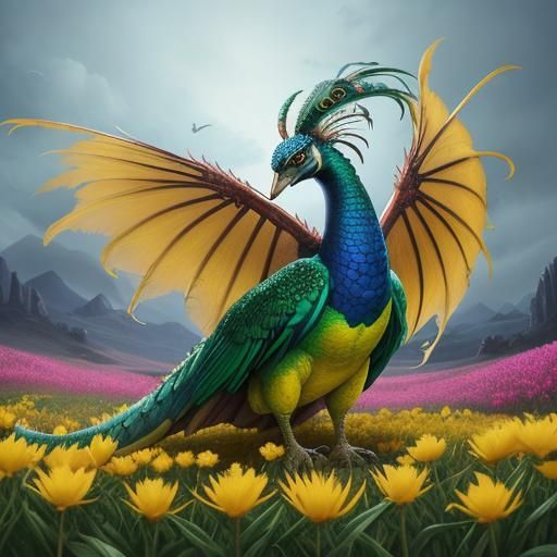 Peacock-Dragon Woman in a Floral Field: Digital Art