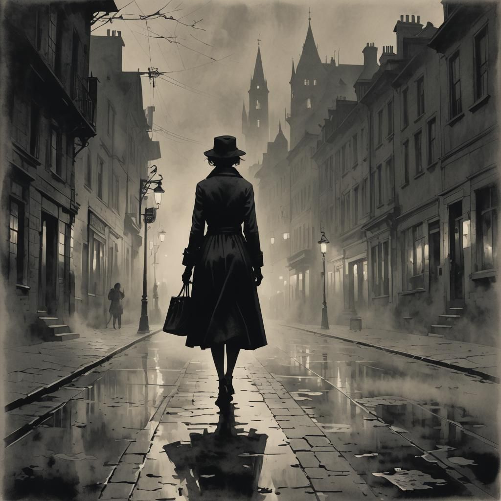 Woman in Foggy Vintage Street, Modern Ink Style