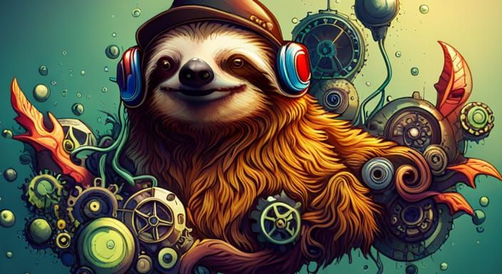 Steampunk Sloth Graffiti Art in Cyberpunk Style