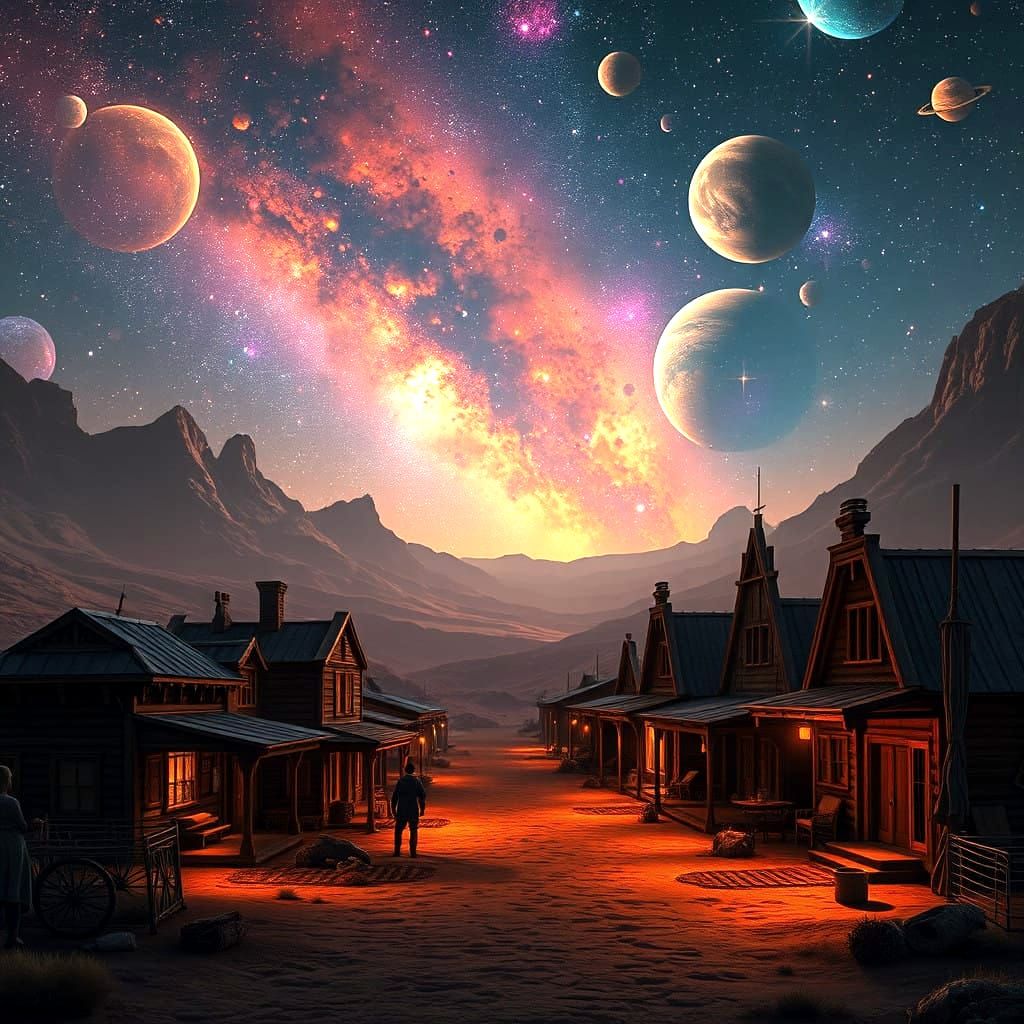Epic Mars Western: Intense Nighttime Scene in a Galactic Tow...