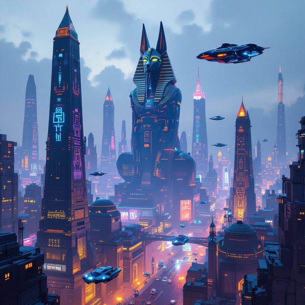 Cyberpunk Egyptian City with Anubis Monuments in Neon Light