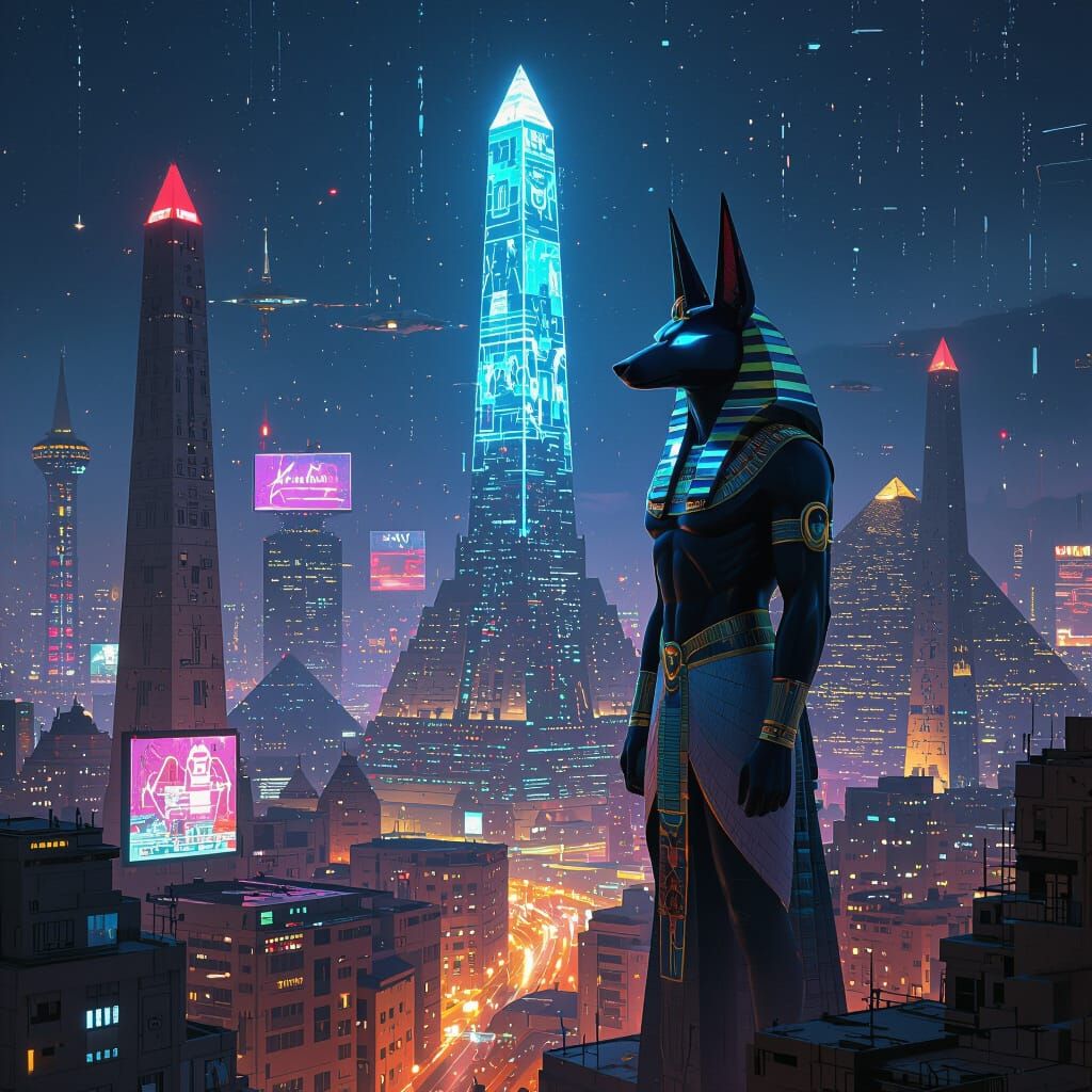 Cyberpunk Egyptian City with Anubis Statue at Night