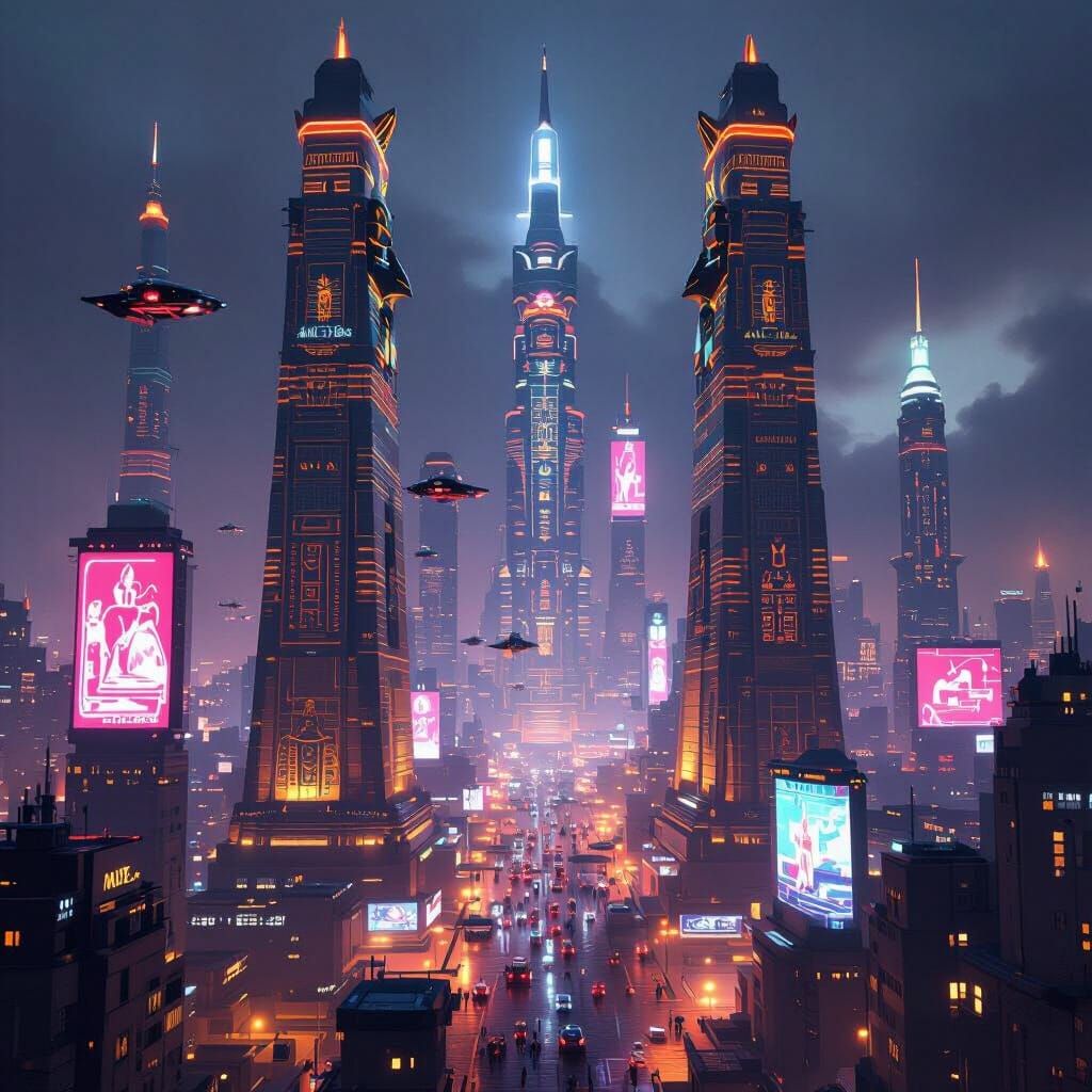 Cyberpunk Egyptian City with Anubis Monuments