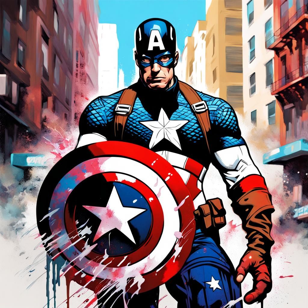 Heroic Captain America in Lively City Graffiti Art