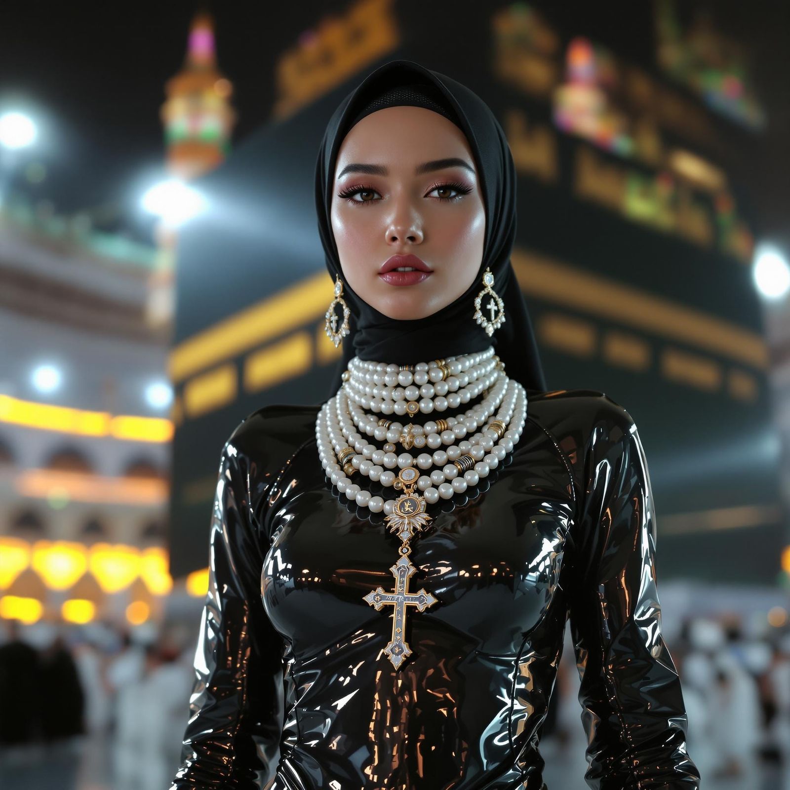 Futuristic Asian Woman at Ka'bah in Ash Thorp Style