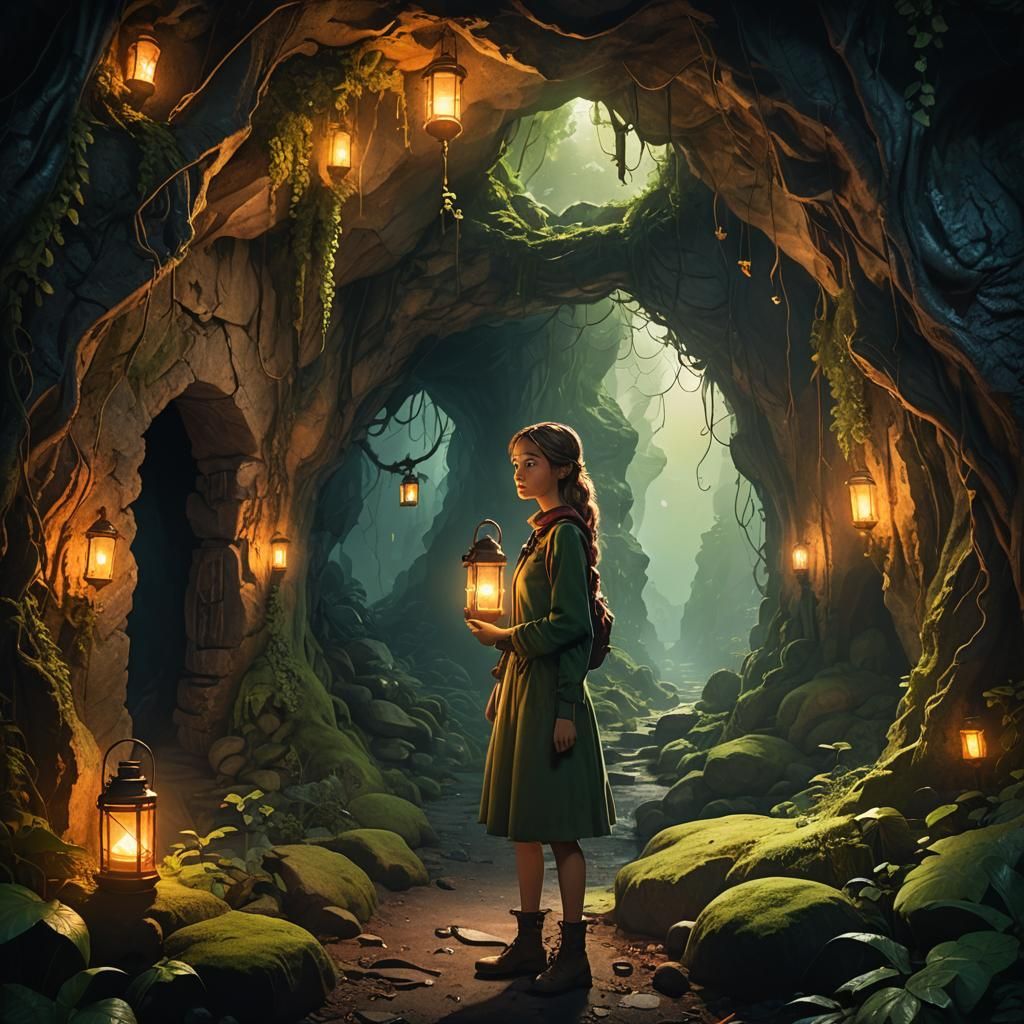 Girl at Cave Entrance in Forest: Fantasy Concept Art