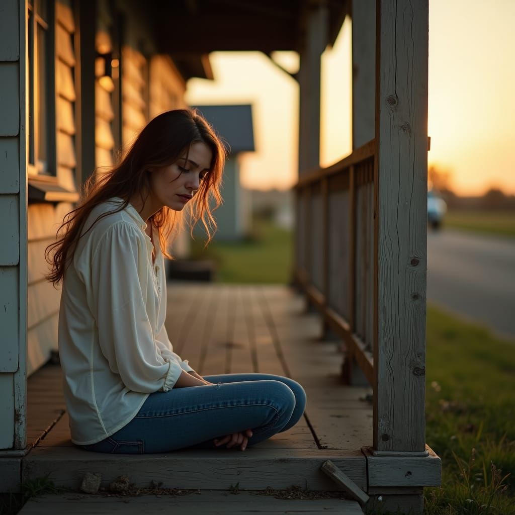 Sorrowful Mother in Golden Light: An Emotional Portrait