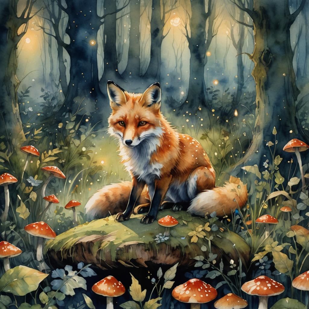 Red Fox in Mystical Forest: Watercolour Art