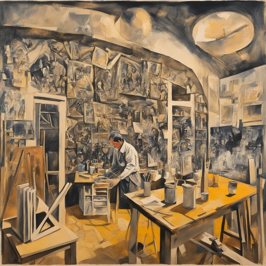 Surrealist Artist at Work in Studio: Lithography and Oil