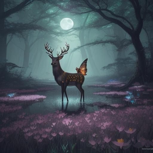 Moth-Deer in Moonlit Swamp: Fantasy Concept Art