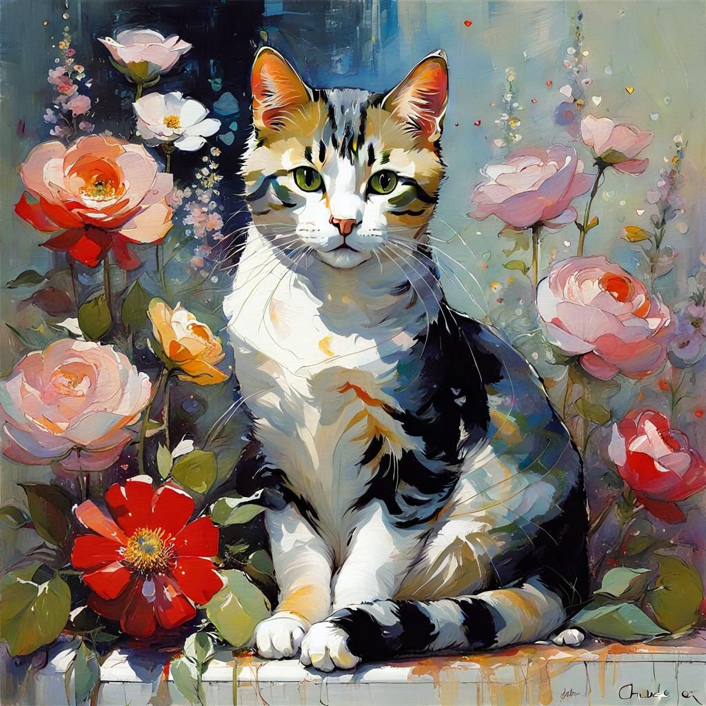 Cat on Pillow Surrounded by Flowers, Mixed-Media Style