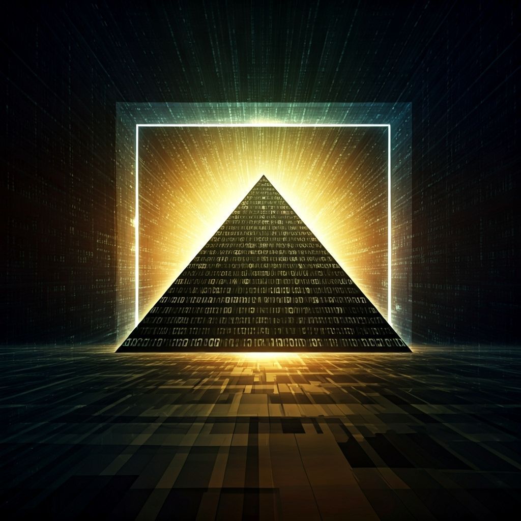 Digital Pyramid in Space with Binary Code and Neon Edges