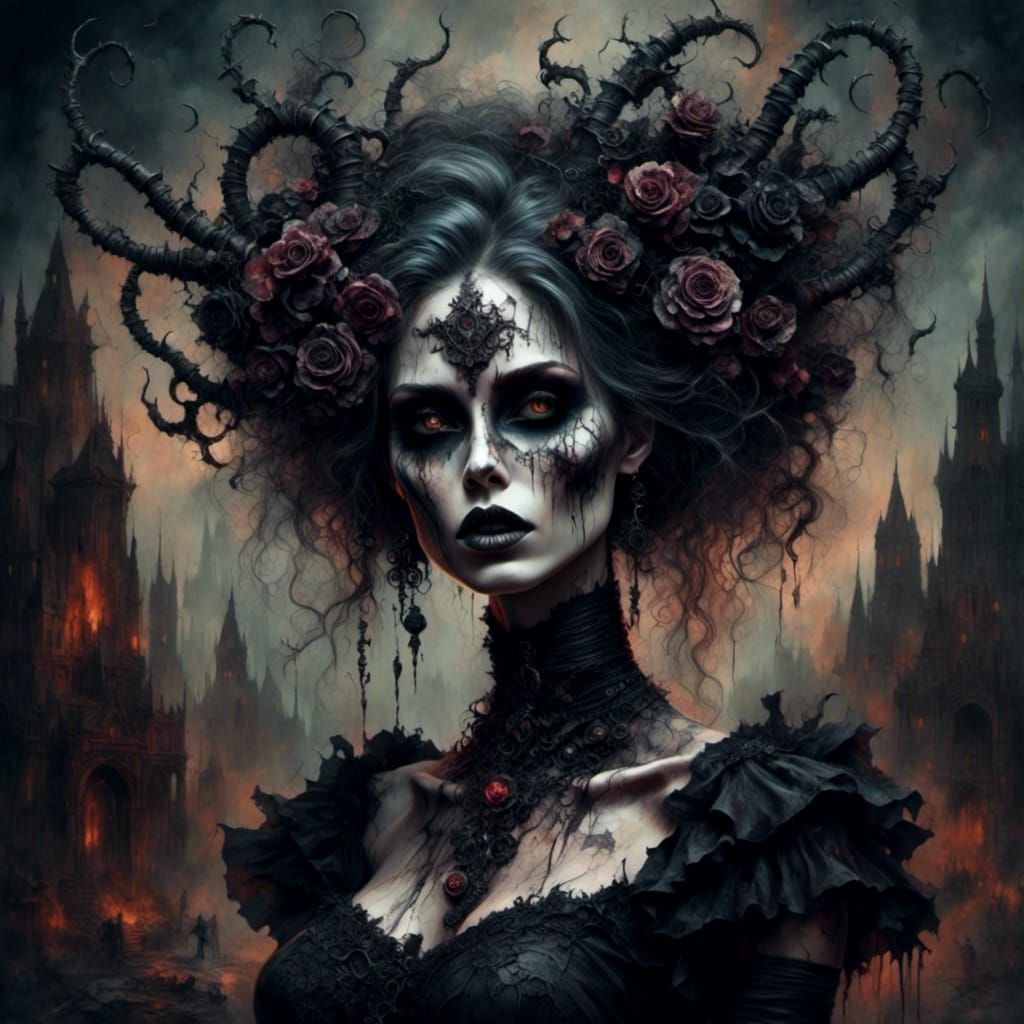 <lora:Inkwell:1.0> <lora:Eclipse:1.0> Dystopian goth dark clothed female, Dystopia all around