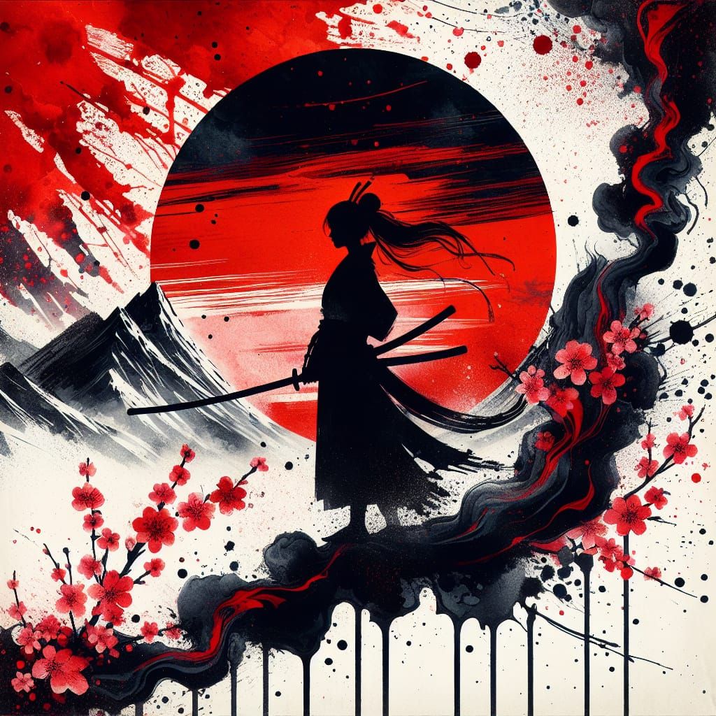Stylized Samurai Against Swirling Red Sun