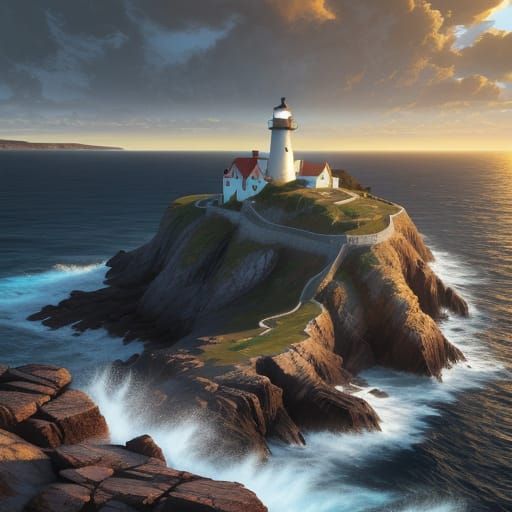 Hyperrealistic Lighthouse on Rocky Coast at Golden Hour