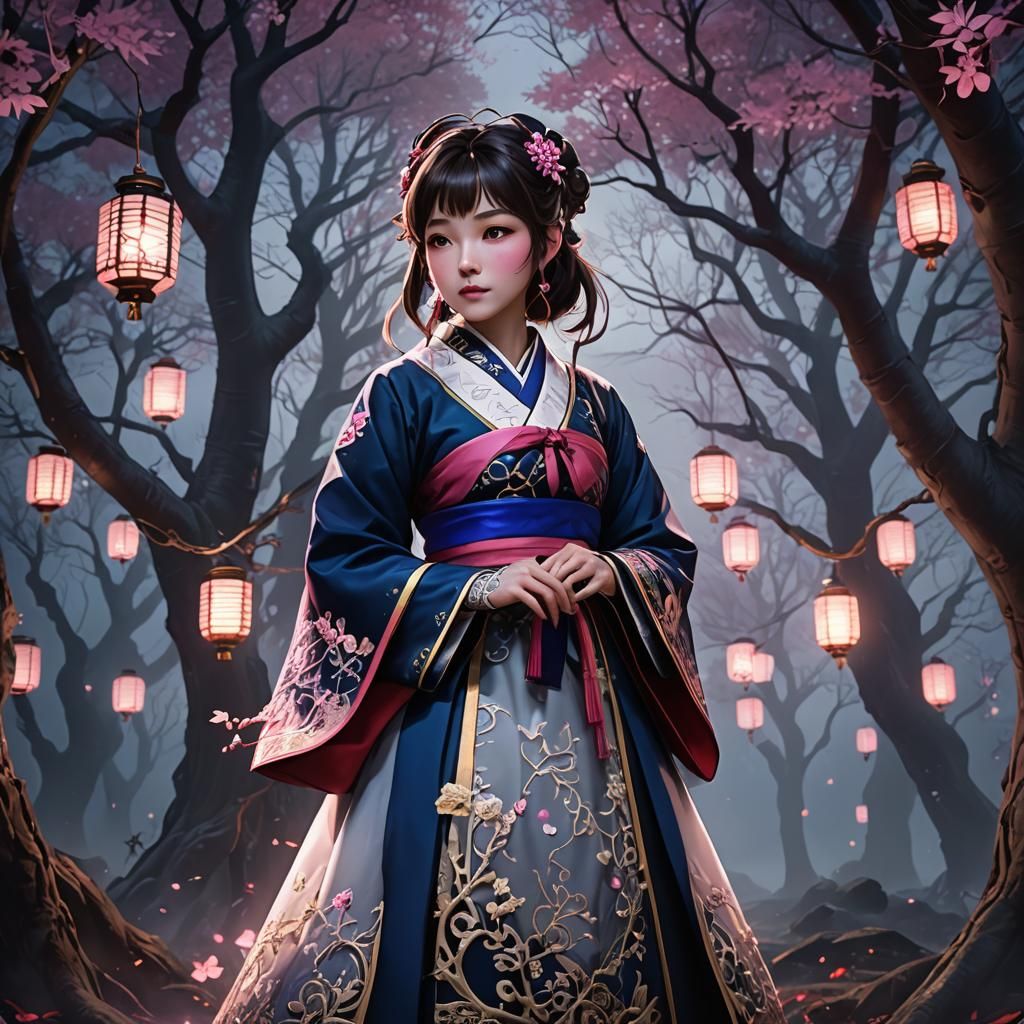 D.va in Hanbok in Misty Forest, Gothic Anime Art