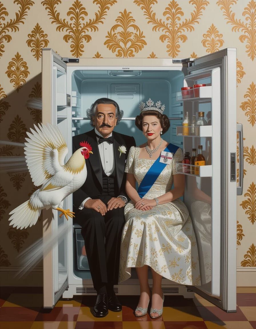 Surreal Fridge Scene with Dali, Queen Elizabeth II, and Flyi...