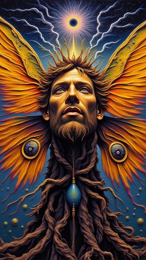 Surreal Man Dressed as Moth in Fractal Landscape