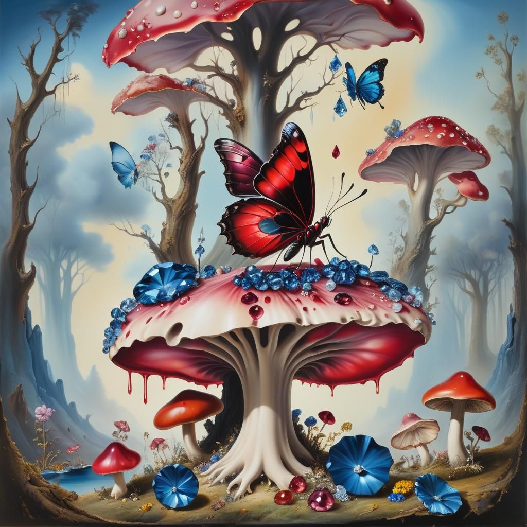 Ruby Butterfly on Sapphire Mushroom: Surreal Gem Landscape