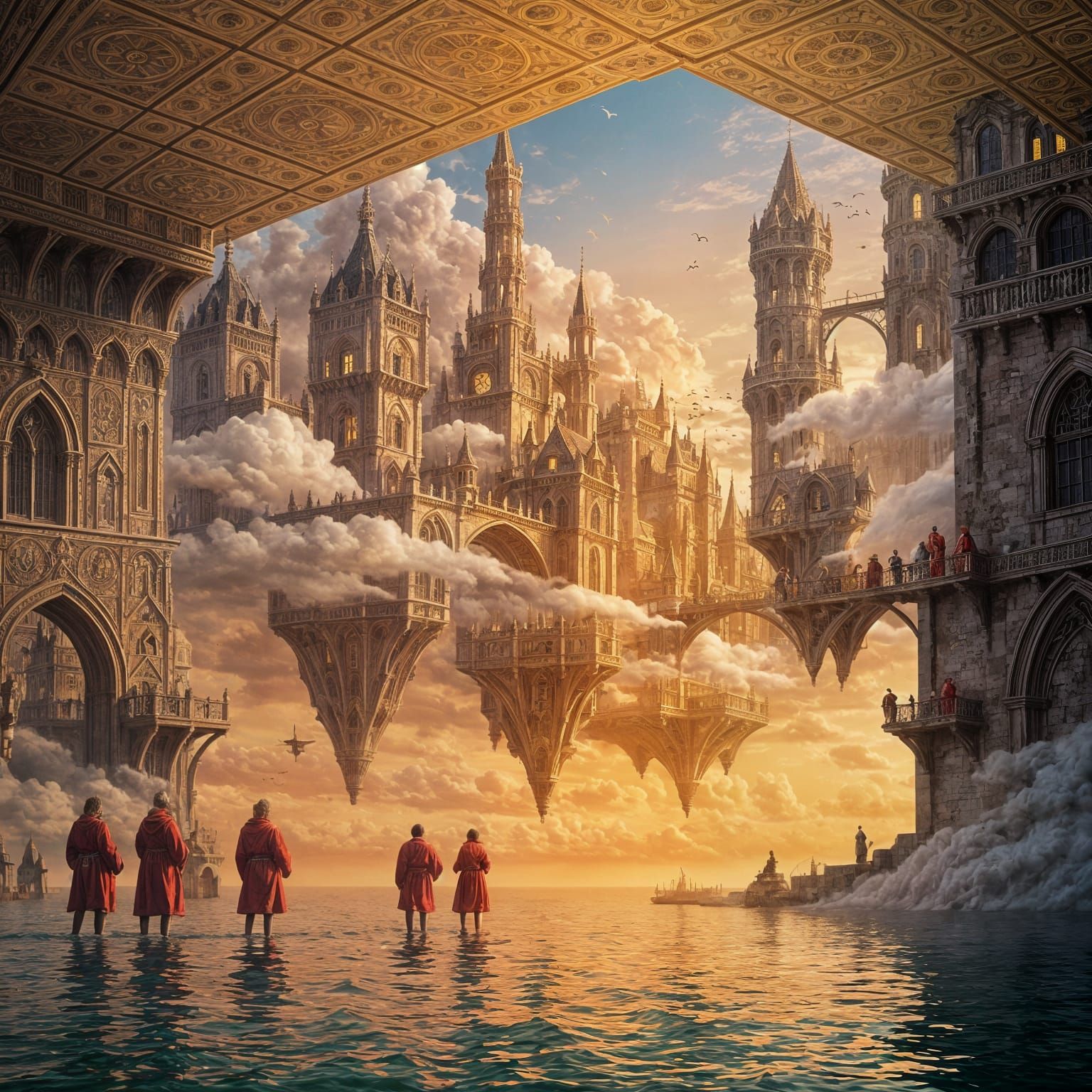 Medieval City Floating At Sunset Among Clouds