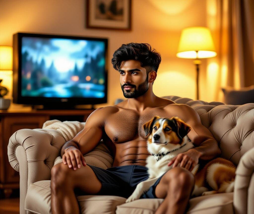 Man and Dog Watching TV in Cozy Living Room