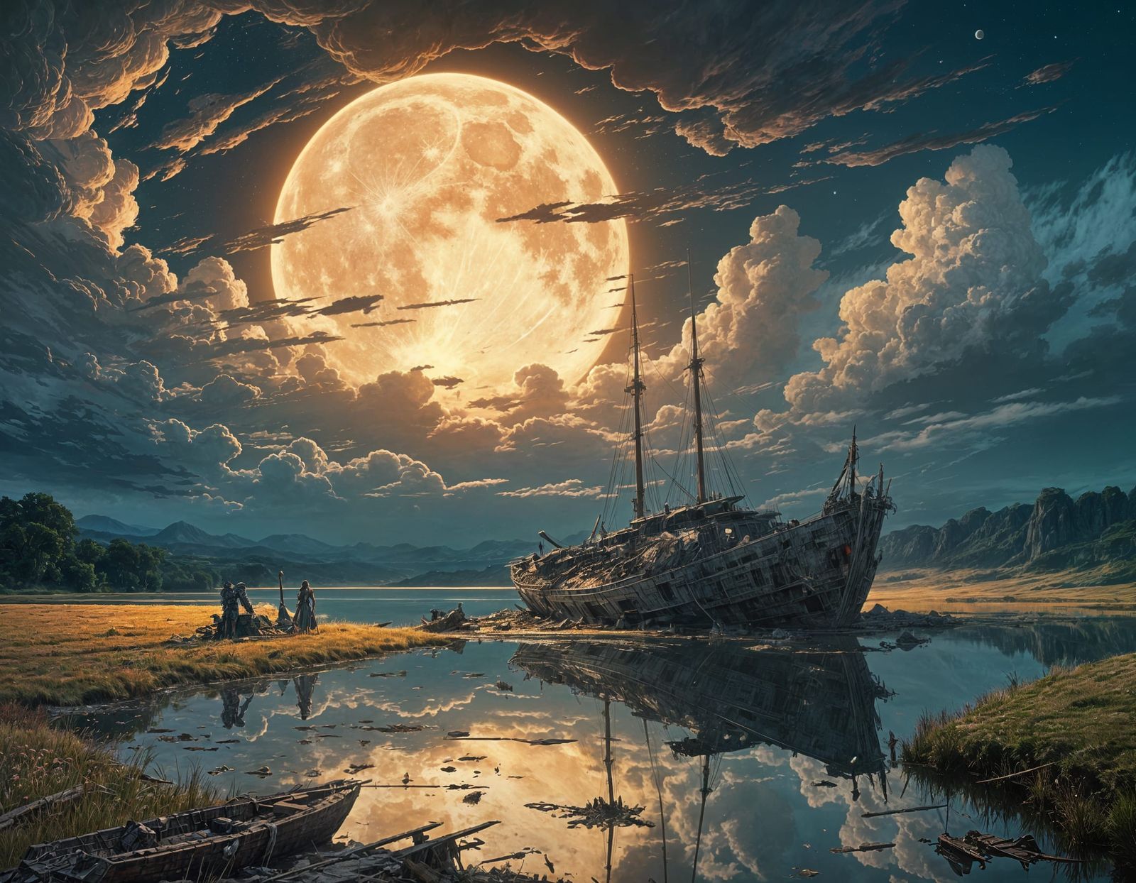Fantasy Lake Under Moonlight in Painterly Style