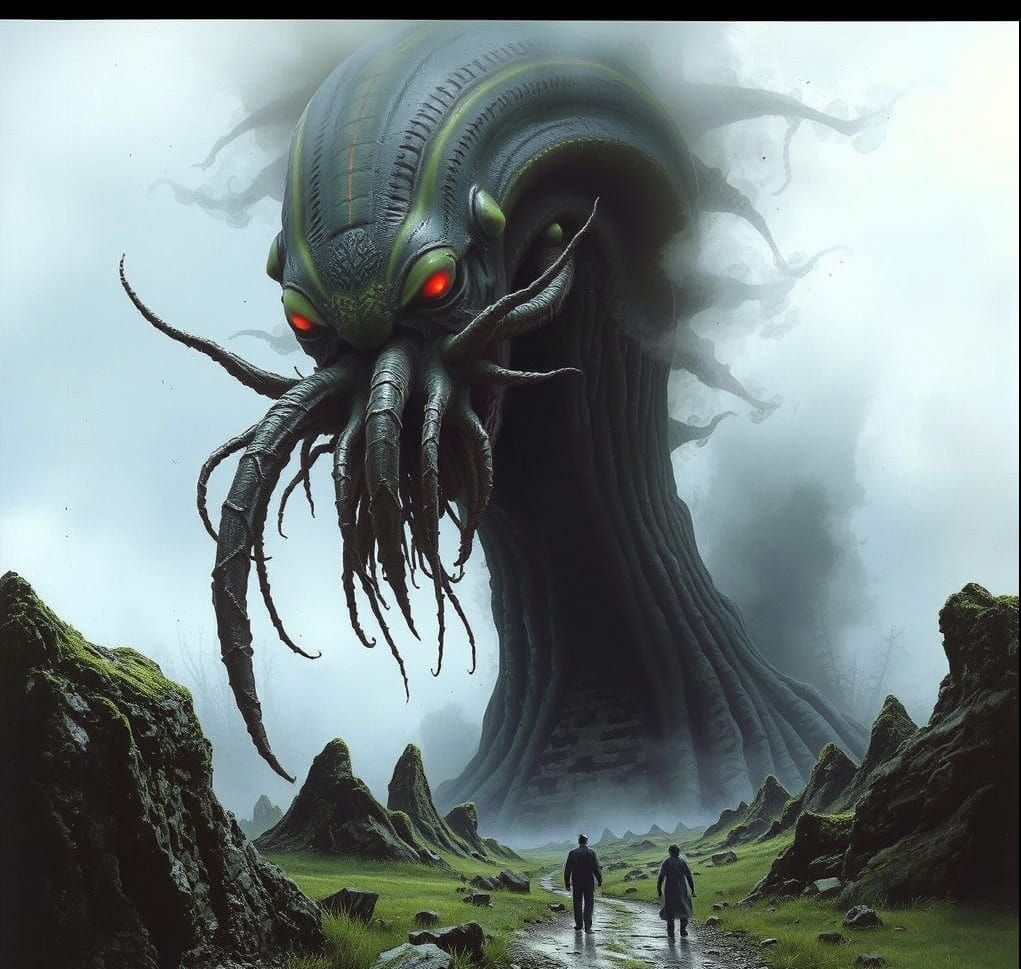 Nightmarish Biomechanical Landscape in Dark Surreal Style