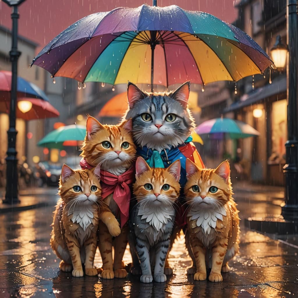 Anime Cat Family Under Umbrella in Rain