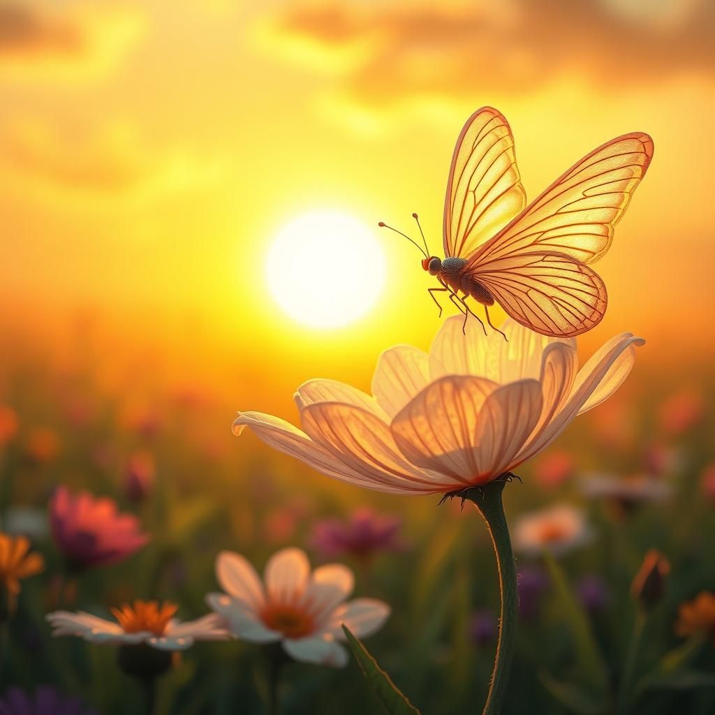Mythical Flower and Butterfly at Sunset