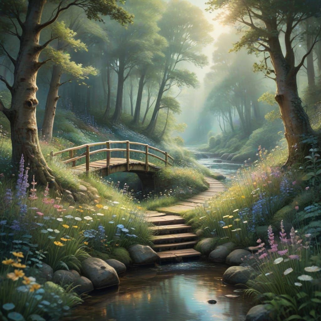 Whimsical Watercolor Forest Scene with Winding Path and Wood...