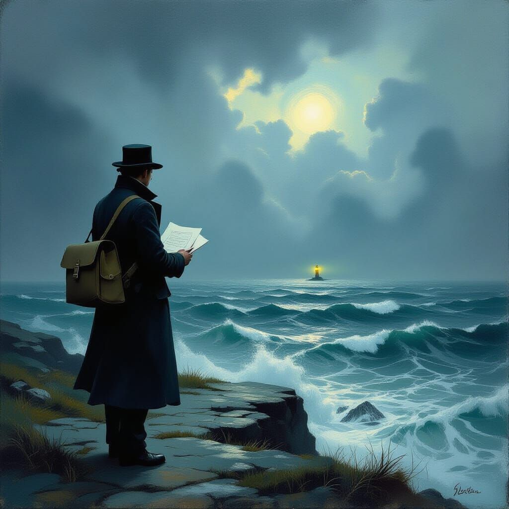 Mailman on Windswept Cliff Overlooking Turbulent Sea