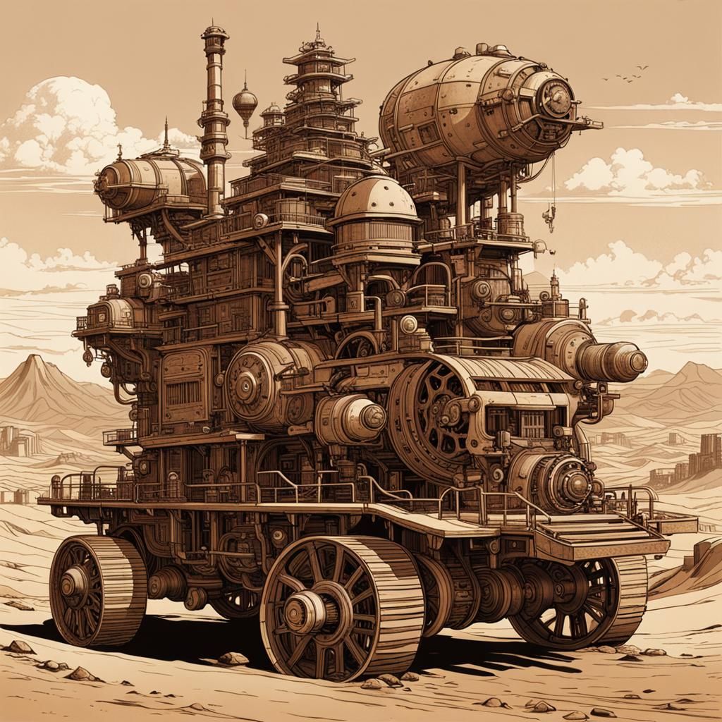 Mobile Desert City in Sepia Ukiyo-e Style
