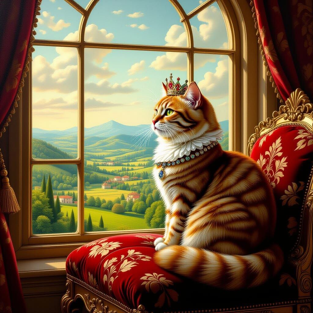 Crowned Cat in Renaissance Style Gazing at Landscape